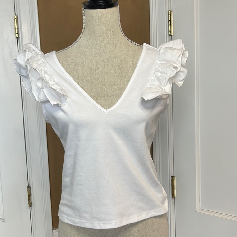 White Ruffle Sleeve V-Neck Women's Top